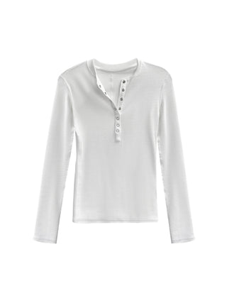 Henley collar long-sleeved slim T-shirt