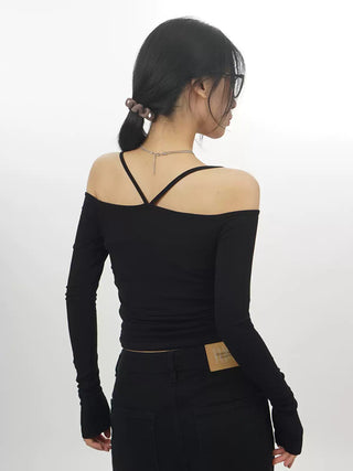Off-shoulder slim fit pleated long-sleeved top