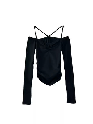 Off-shoulder slim fit pleated long-sleeved top