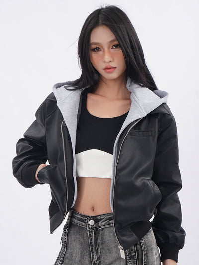 Hooded fake two-piece leather jacket