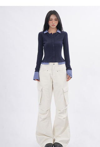 Polo collar fake two-piece long-sleeved shirt