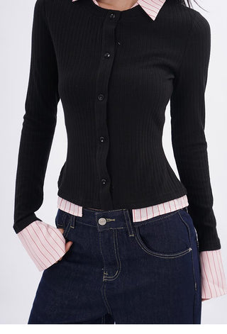 Polo collar fake two-piece long-sleeved shirt