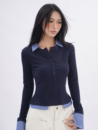 Polo collar fake two-piece long-sleeved shirt