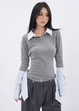 Knitted fake two-piece lapel shirt