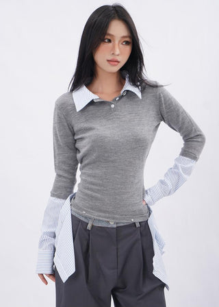 Knitted fake two-piece lapel shirt