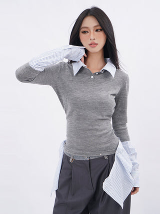 Knitted fake two-piece lapel shirt