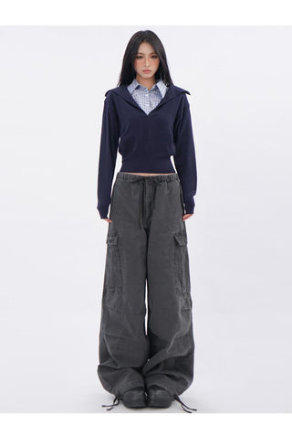 Polo collar plaid fake two-piece sweatshirt