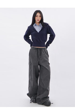 Polo collar plaid fake two-piece sweatshirt