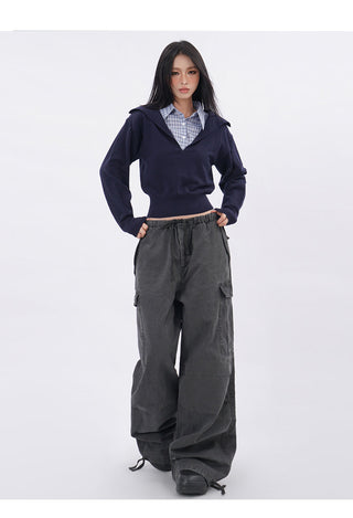 Polo collar plaid fake two-piece sweatshirt