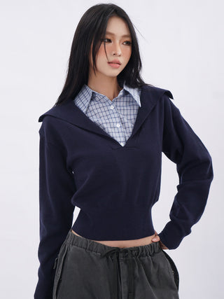 Polo collar plaid fake two-piece sweatshirt