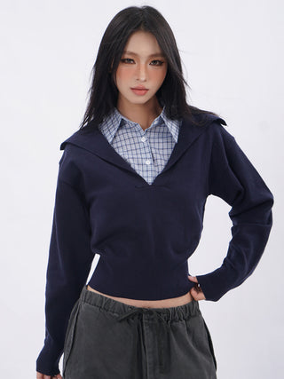 Polo collar plaid fake two-piece sweatshirt
