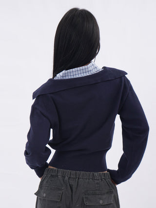 Polo collar plaid fake two-piece sweatshirt