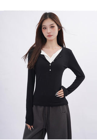 Fake two-piece v-neck T-shirt