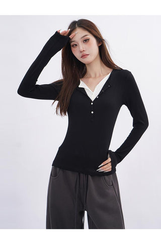 Fake two-piece v-neck T-shirt