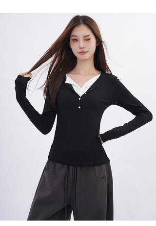 Fake two-piece v-neck T-shirt