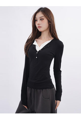 Fake two-piece v-neck T-shirt