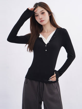 Fake two-piece v-neck T-shirt