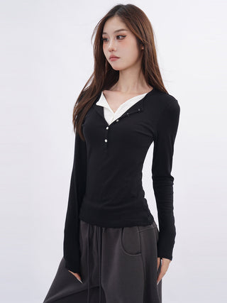 Fake two-piece v-neck T-shirt