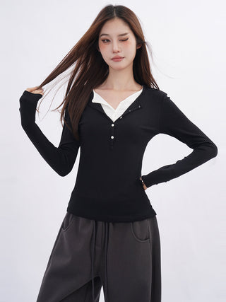 Fake two-piece v-neck T-shirt