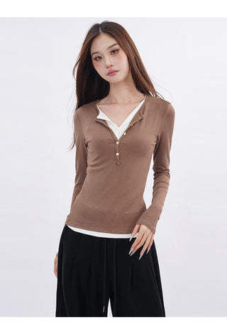 Double-layer fake two-piece slim T-shirt
