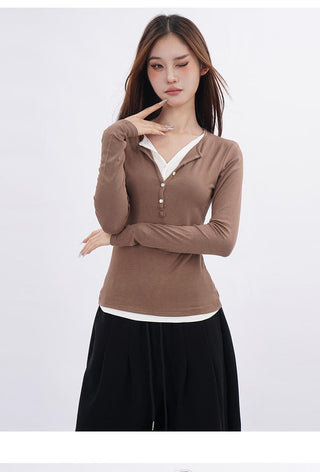 Double-layer fake two-piece slim T-shirt