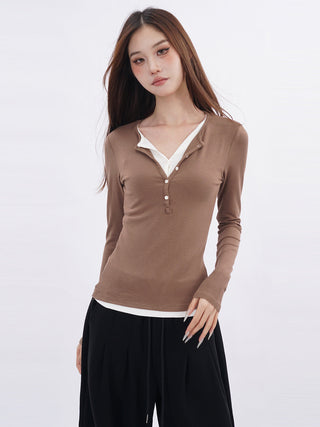 Double-layer fake two-piece slim T-shirt
