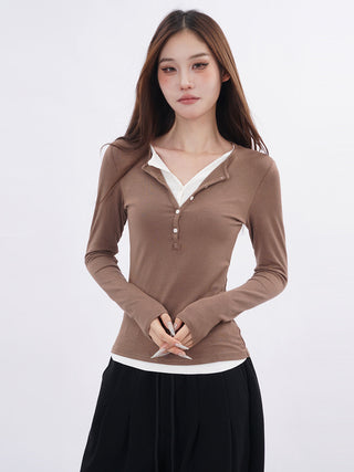 Double-layer fake two-piece slim T-shirt