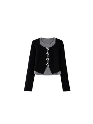 Contrast color V-neck fake two-piece knitted sweater