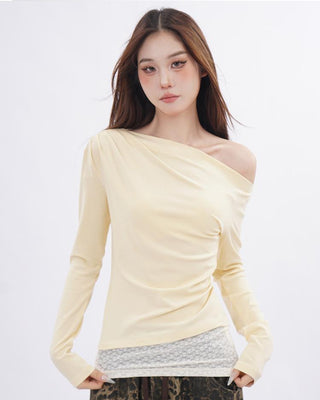 Lace splicing one-shoulder long-sleeved T-shirt