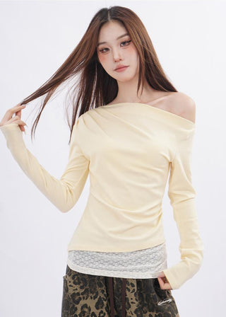 Lace splicing one-shoulder long-sleeved T-shirt
