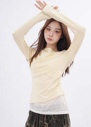 Lace splicing one-shoulder long-sleeved T-shirt