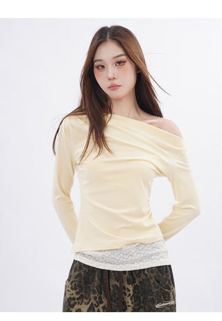 Lace splicing one-shoulder long-sleeved T-shirt
