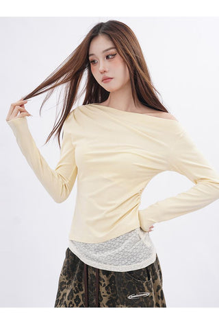 Lace splicing one-shoulder long-sleeved T-shirt