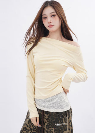 Lace splicing one-shoulder long-sleeved T-shirt