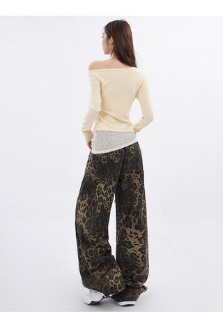 Lace splicing one-shoulder long-sleeved T-shirt