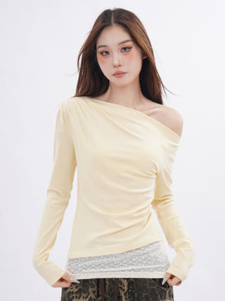 Lace splicing one-shoulder long-sleeved T-shirt