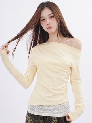 Lace splicing one-shoulder long-sleeved T-shirt