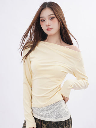 Lace splicing one-shoulder long-sleeved T-shirt