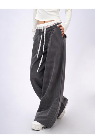 Lace double waist stitching wide leg casual pants