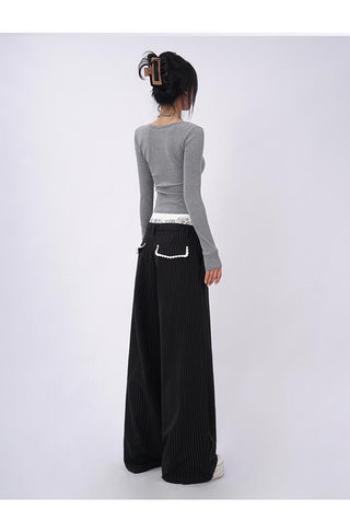 Lace double waist stitching wide leg casual pants