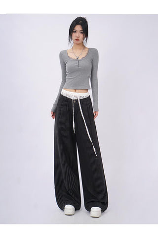 Lace double waist stitching wide leg casual pants