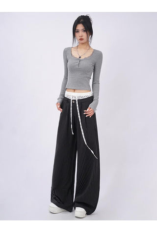 Lace double waist stitching wide leg casual pants