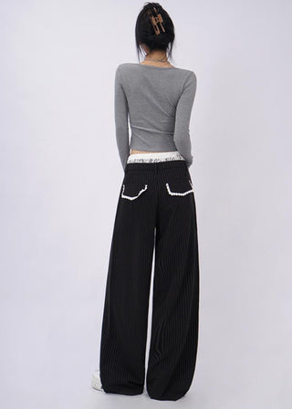 Lace double waist stitching wide leg casual pants