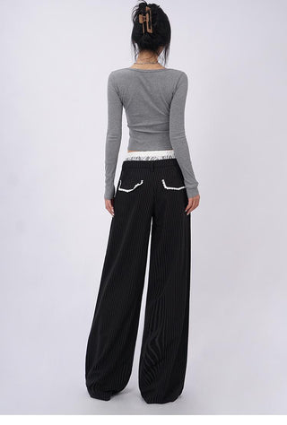 Lace double waist stitching wide leg casual pants