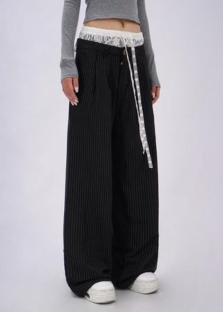 Lace double waist stitching wide leg casual pants