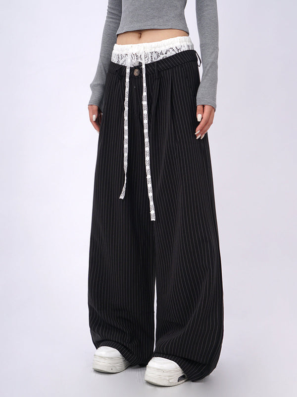 Lace double waist stitching wide leg casual pants
