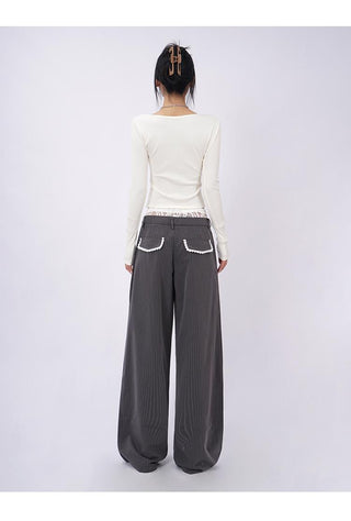 Lace double waist stitching wide leg casual pants