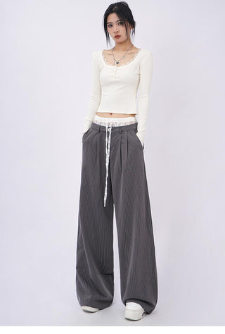 Lace double waist stitching wide leg casual pants