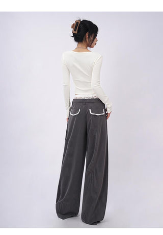 Lace double waist stitching wide leg casual pants