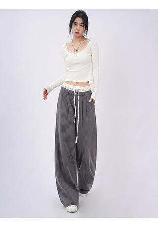 Lace double waist stitching wide leg casual pants